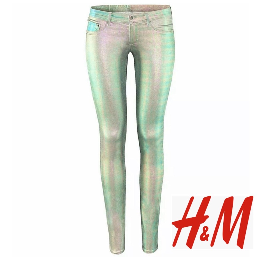 H&M Holographic Skinny Low Waisted Leather Jeans